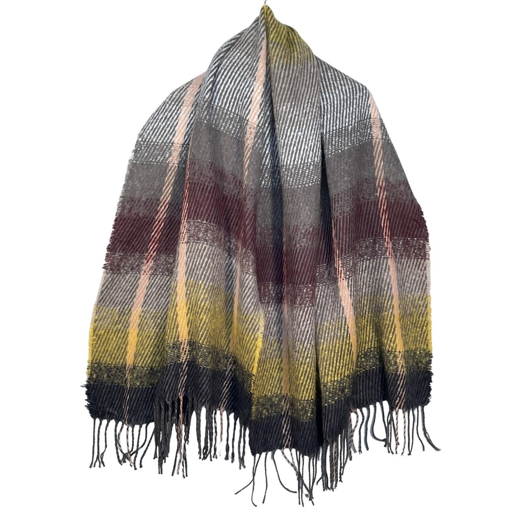 Studio Scarf Womens OS Multicolor Plaid Brushed Fringe Oversized Oblong